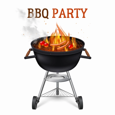 Portable barbecue party grill with sausages and tomatoes realistic vector illustration