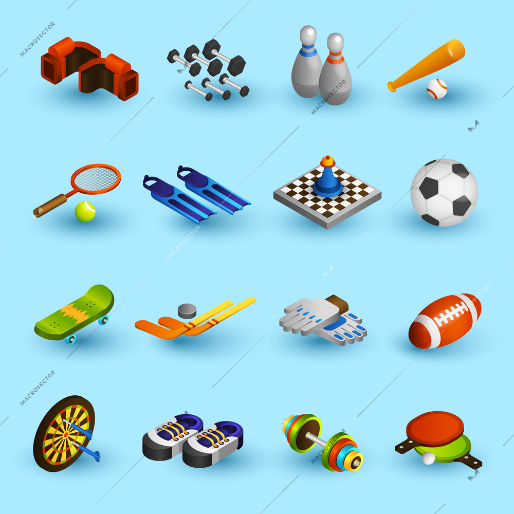 Sport equipment isometric icons set with boxer gloves football ball baseball bat isolated vector illustration