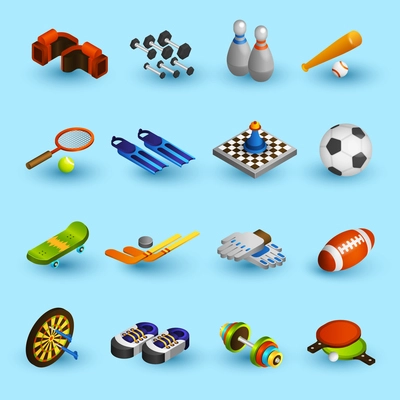 Sport equipment isometric icons set with boxer gloves football ball baseball bat isolated vector illustration