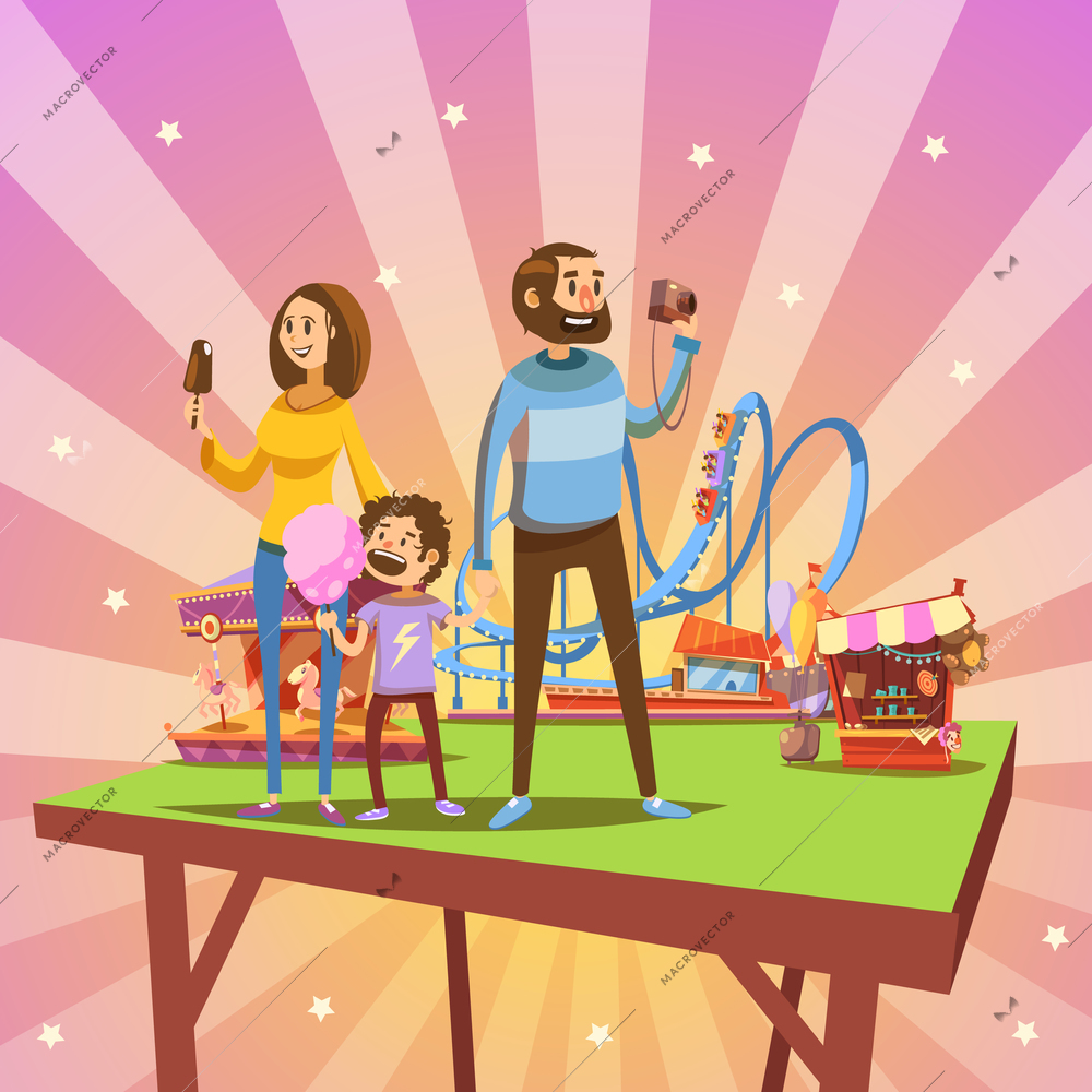 Amusement park cartoon concept with happy family and attractions on background retro vector illustration