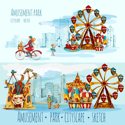 Amusement park sketch cityscape horizontal banners with people ferris wheel and city on background vector illustration