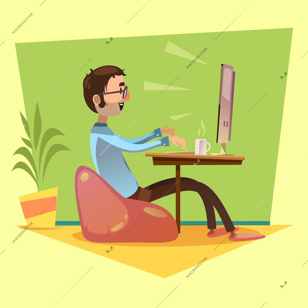 Programmer working with coffee and computer on yellow background cartoon vector illustration