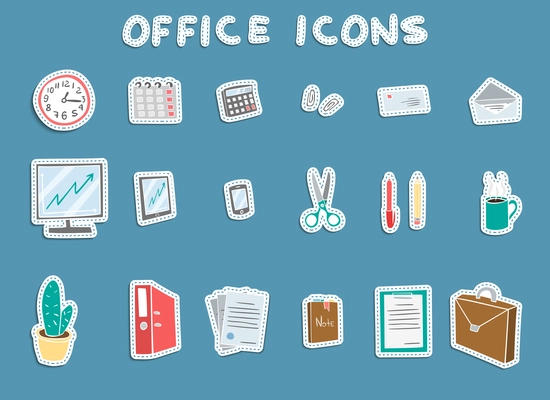 Business office stationery supplies sticker icons set of workplace items coffee documents and files isolated vector illustration