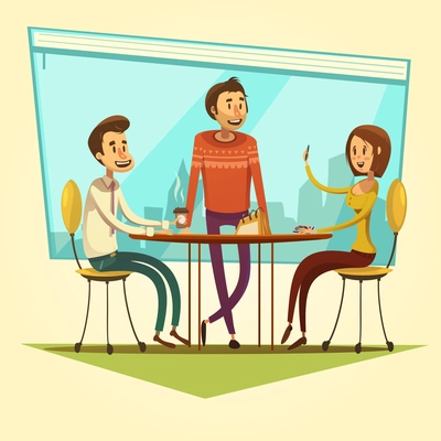 Business meeting and coworking with table and coffee on yellow background cartoon vector illustration