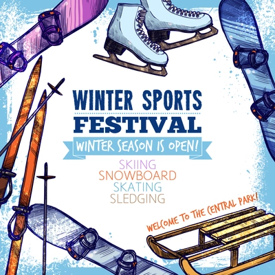 Winter sport festival promo poster with hand drawn equipment vector illustration