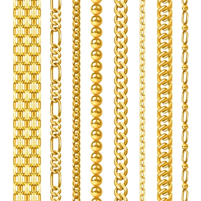 Jewelry golden chains in different shapes realistic set isolated vector illustration