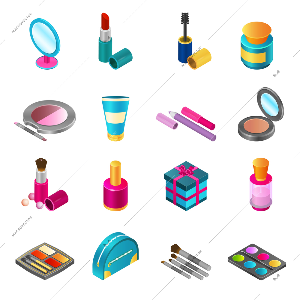 Cosmetics and make-up products icons set with isometric beauty and skin care bottles isolated vector illustration