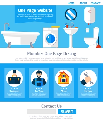 Plumber service one page website design with infographic elements submit button and contact information flat abstract vector illustration