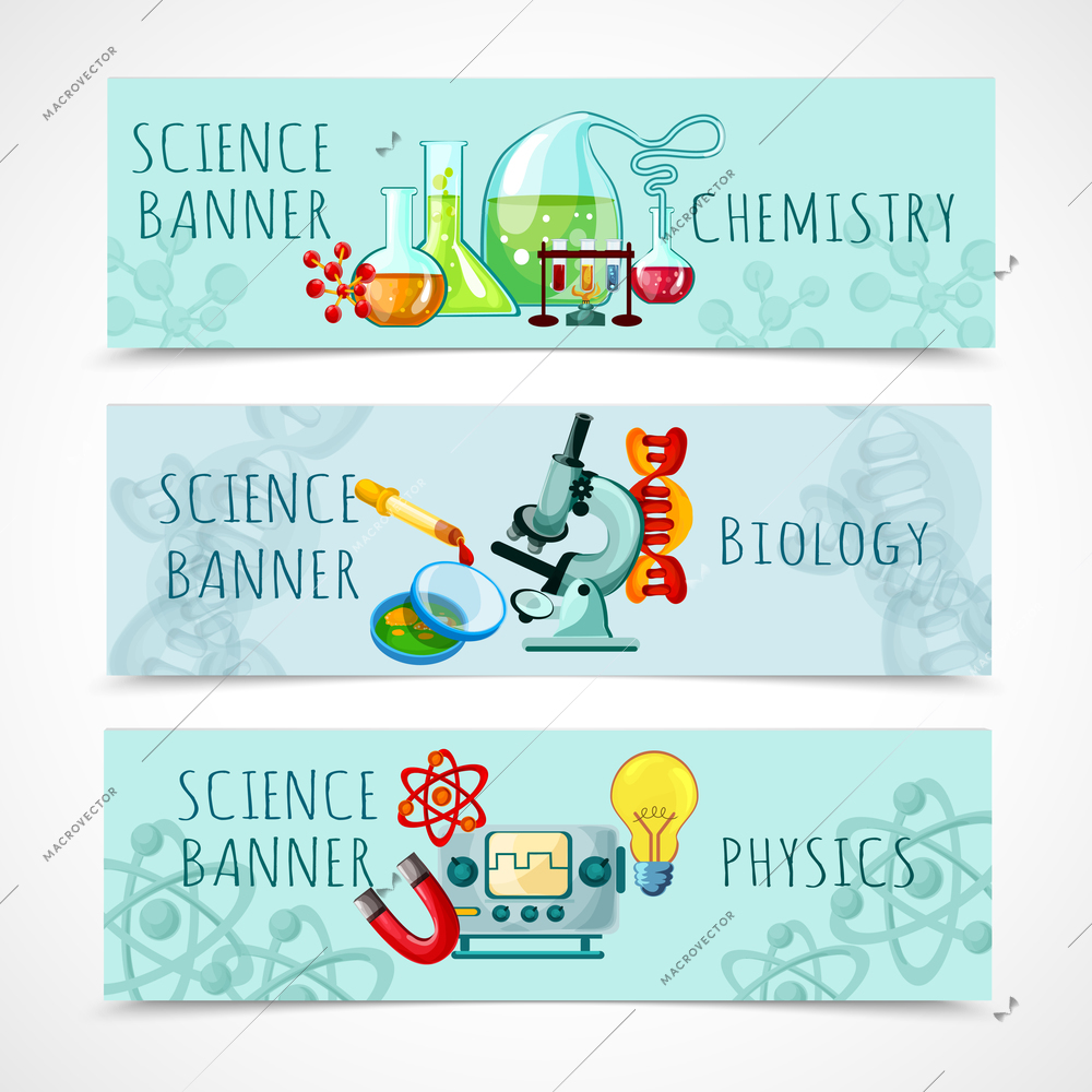 Science horizontal banner set with chemistry biology and physics elements cartoon isolated vector illustration