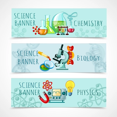 Science horizontal banner set with chemistry biology and physics elements cartoon isolated vector illustration