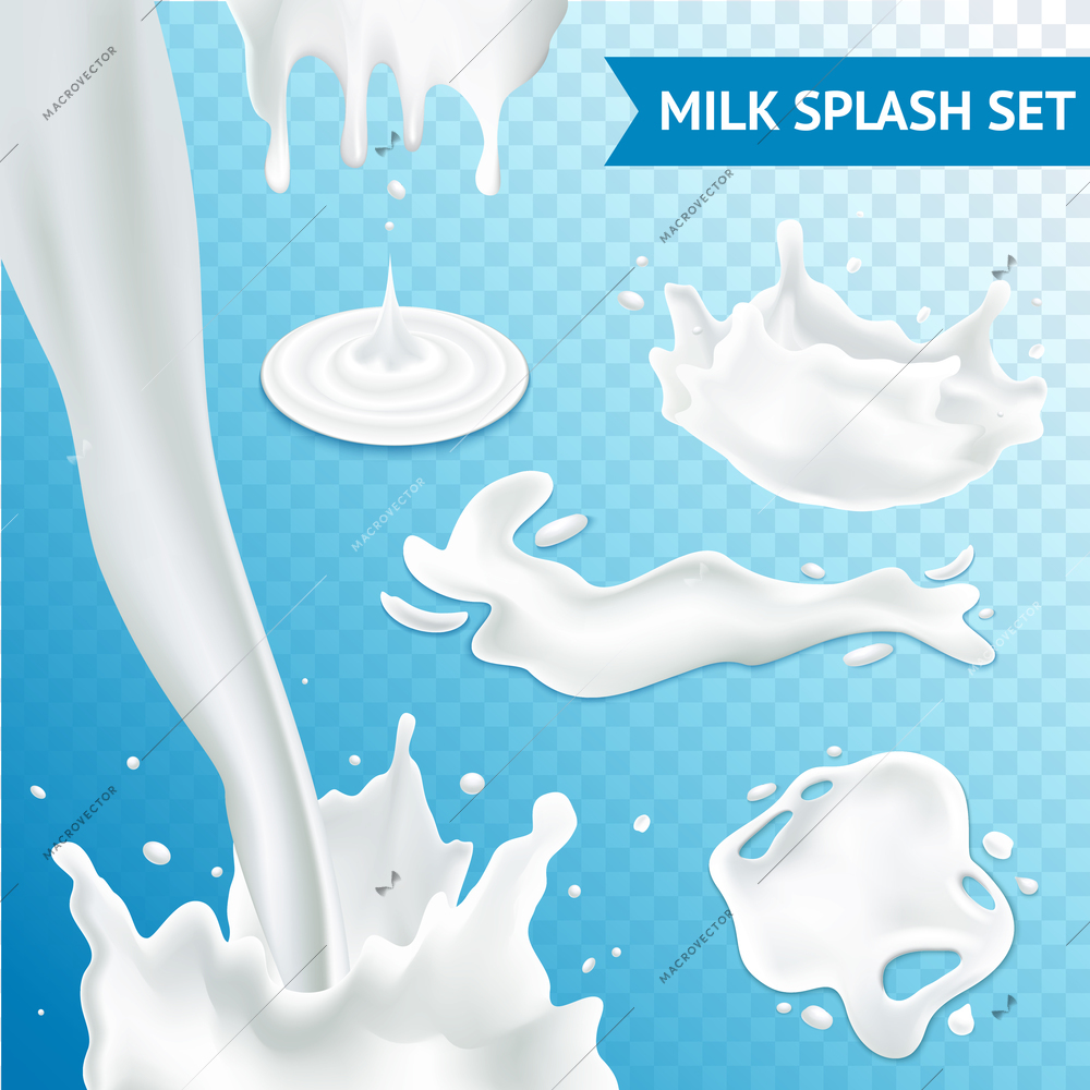 Milk splash and pouring realistic set on transparent background isolated vector illustration