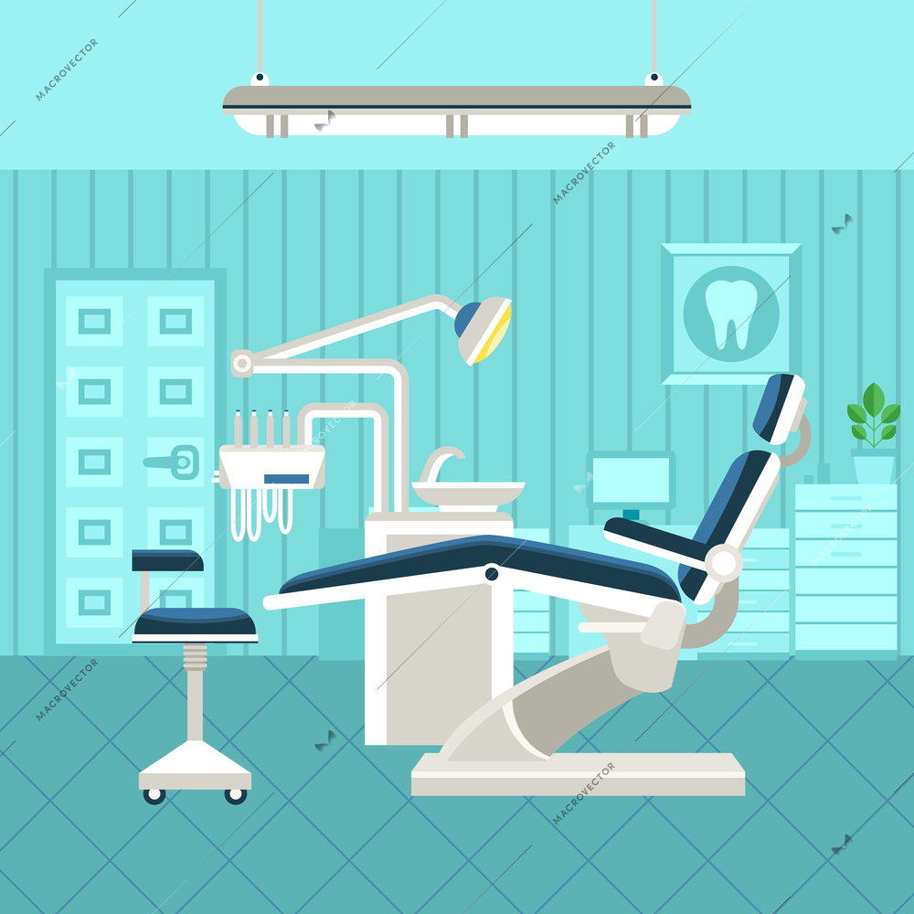 Flat poster of dental room interior with dentist chair lamp and drilling machine vector illustration