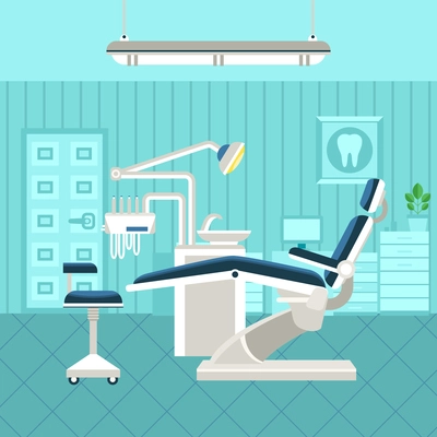 Flat poster of dental room interior with dentist chair lamp and drilling machine vector illustration