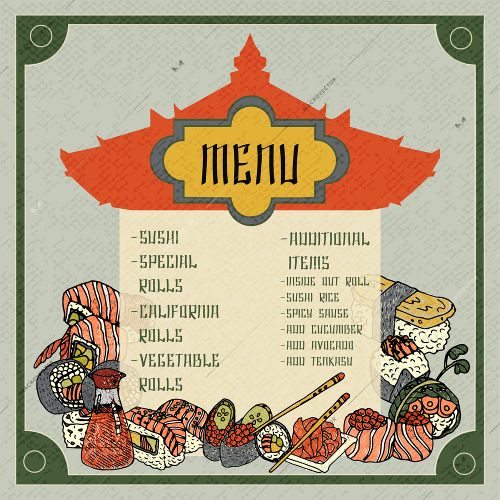 Asian food menu template with hand drawn sushi and fish vector illustration