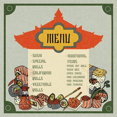 Asian food menu template with hand drawn sushi and fish vector illustration