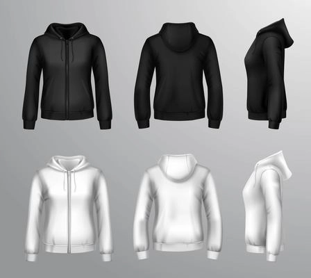 Realistic black and white hooded sweatshirts for women with front back and side view isolated vector illustration