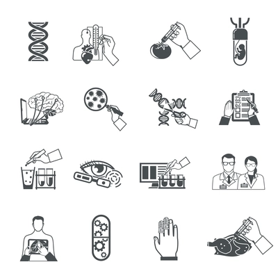 Biotechnology black icons set of scientific research in field of genetic engineering and nanotechnology isolated vector illustration