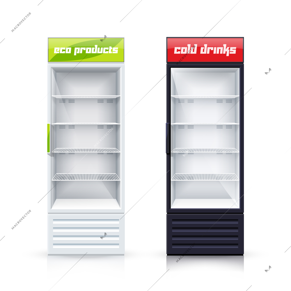 Two empty vertical refrigerators with transparent front panels for cooling drinks and eco products realistic vector Illustration