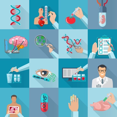 Flat color isolated biotechnology  icons set with dna molecule genetically modified products and human embryo in vitro vector illustration