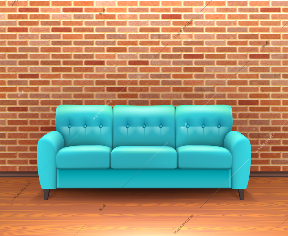 Modern interior brick wall home decoration and design ideas with vibrant turquoise leather sofa realistic vector illustration