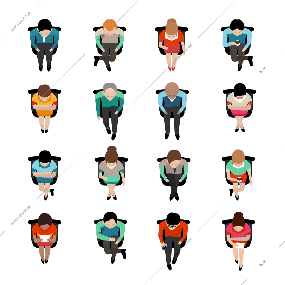 Top view on sitting business people with coffee caps or reading letters flat isolated icons vector illustration