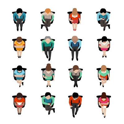 Top view on sitting business people with coffee caps or reading letters flat isolated icons vector illustration