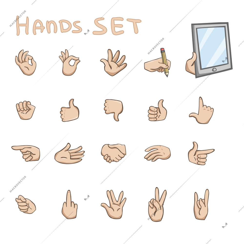 Hands gestures flat icons set of okey rock fist and palm communication symbols isolated vector illustration