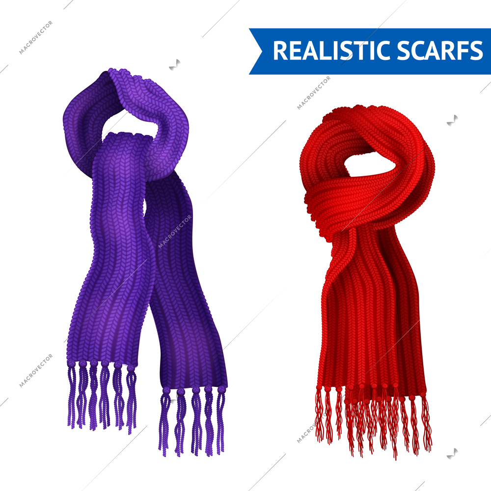 Realistic 3d image set of 2 knitted scarf purple and red color tied isolated vector illustration