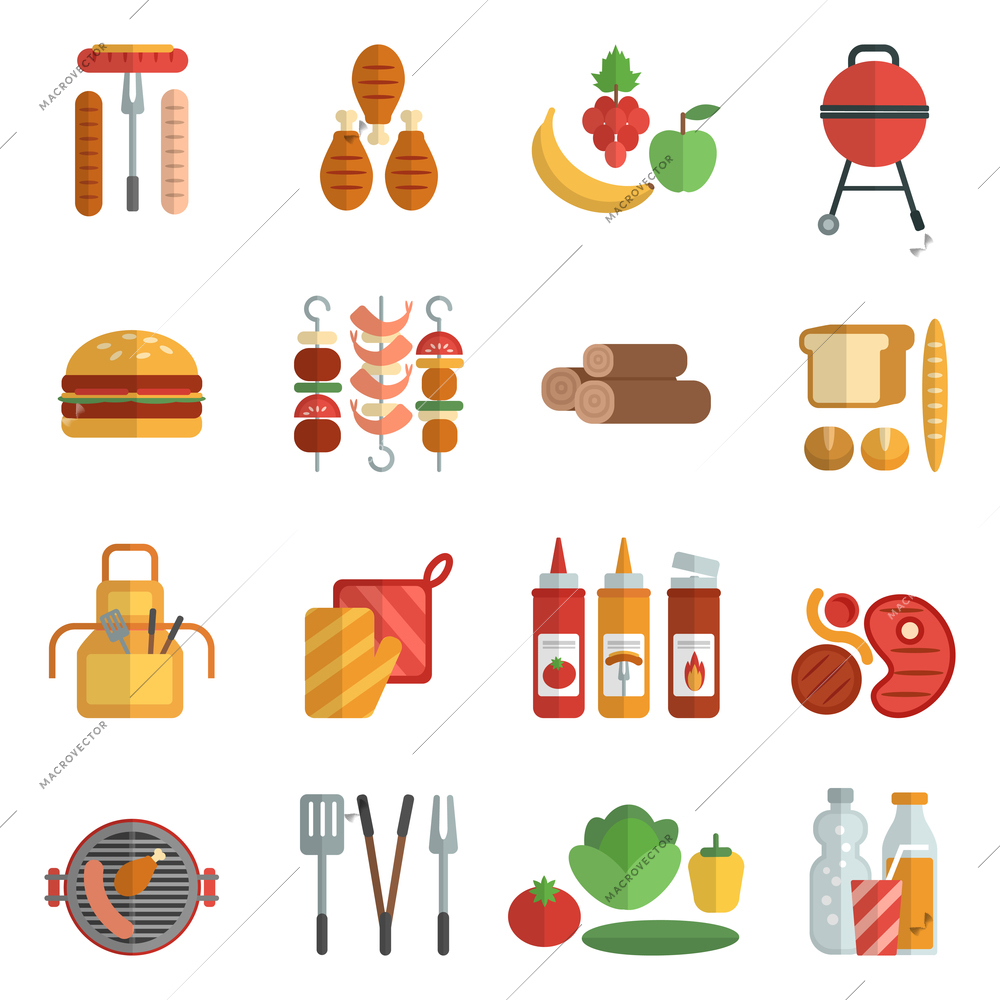 Bbq party flat icons set with frill meat picnic elements isolated vector illustration