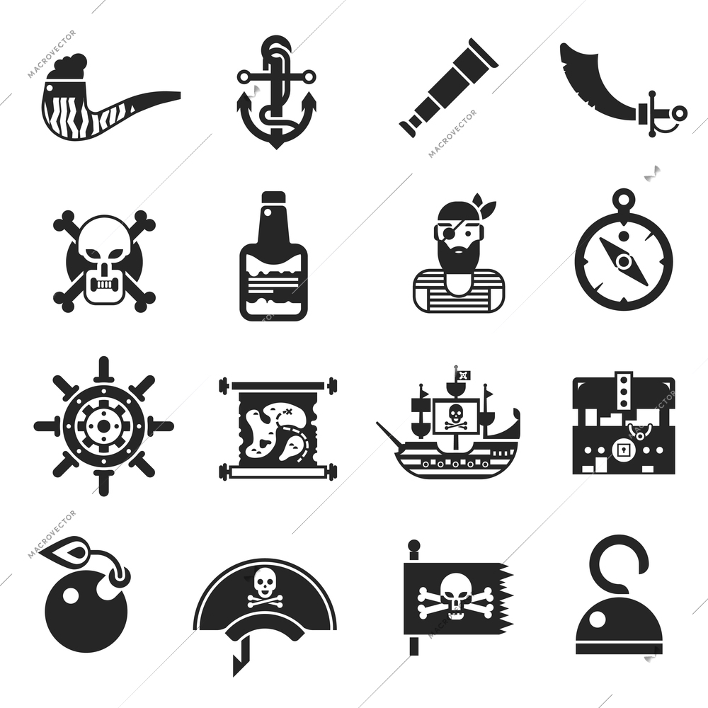 Pirates black icons set with boarding saber projectile for gun hand hook bottle of rum isolated vector illustration