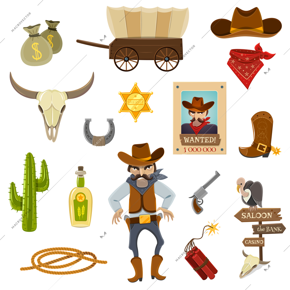 Cowboy icons set with dynamite skull and horseshoe cartoon isolated vector illustration