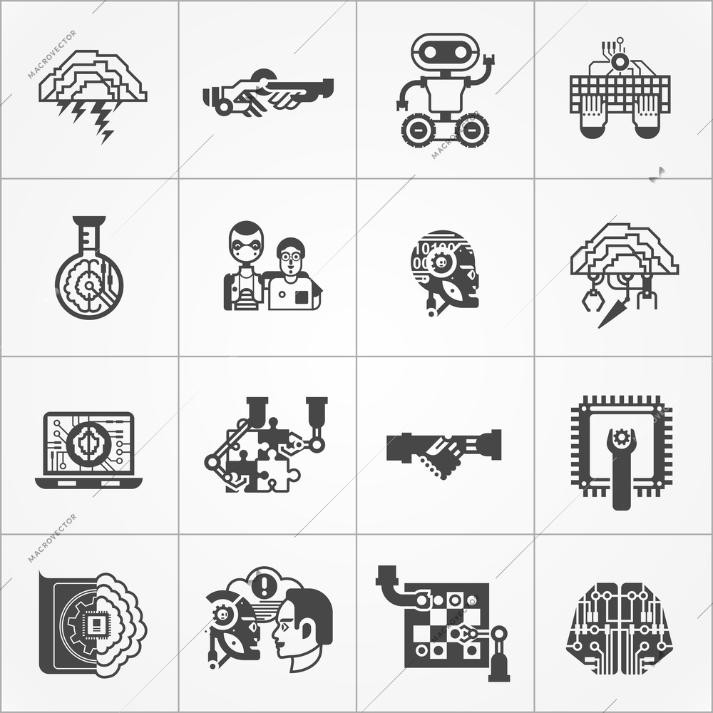 Artificial intelligence black white square icons set with technology symbols flat isolated vector illustration