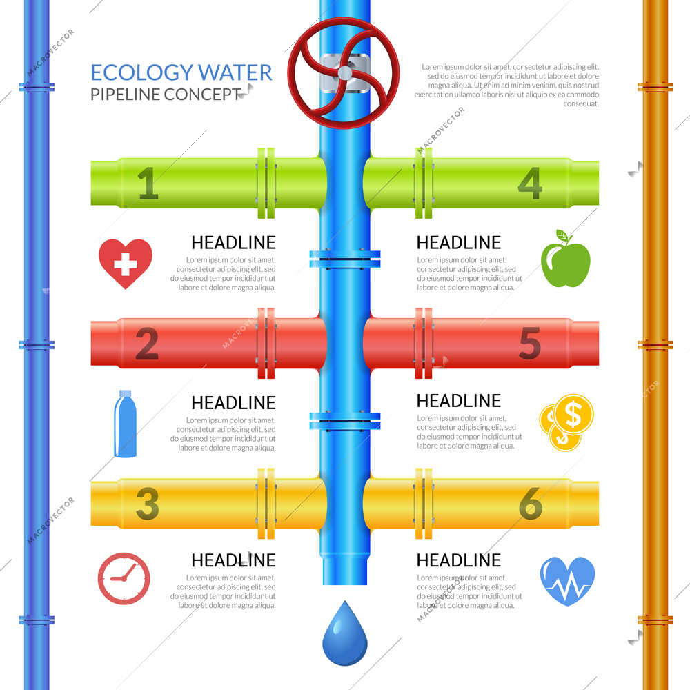 Infographic design template on theme ecology water pipeline with pipes valve and technological information vector illustration