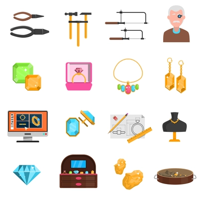 Jeweller icons set with earrings and necklace flat isolated vector illustration