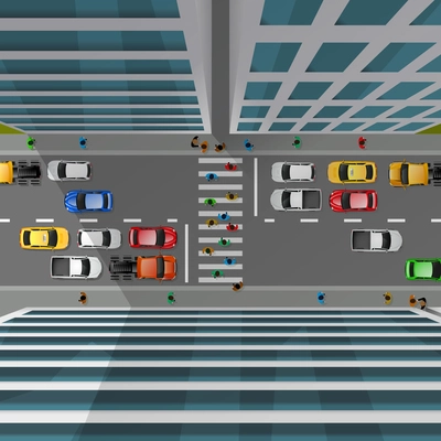 City traffic top view with cars pedestrian crossing and skyscrapers 3d vector illustration