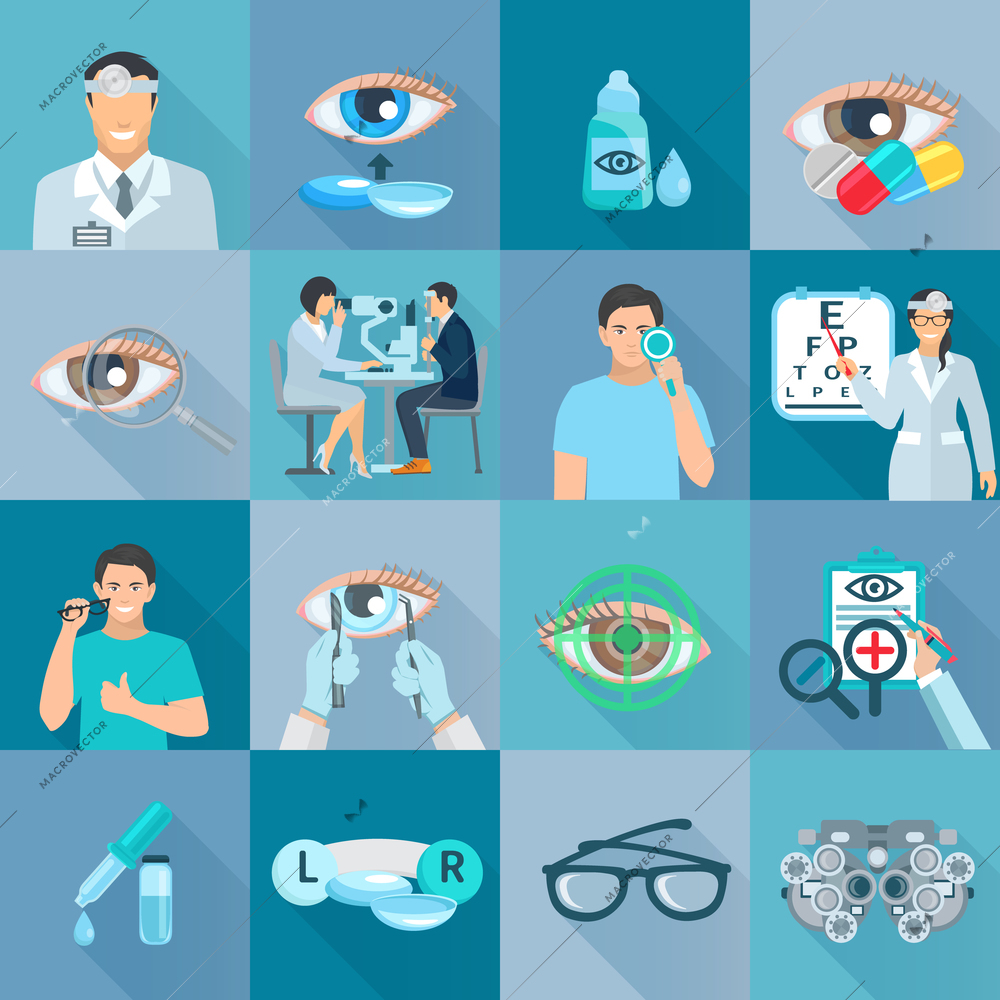 Ophthalmologist clinical treatments tests and vision correction flat icons collection with glasses abstract shadow isolated vector  illustration