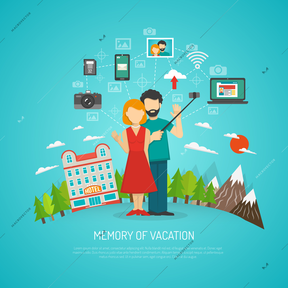 Photography concept with people on vacation making selfie flat vector illustration