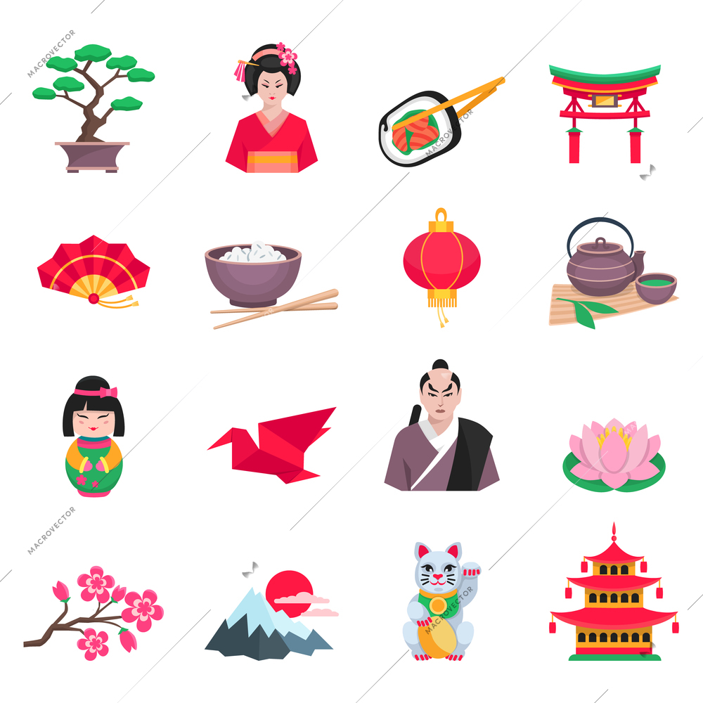 Japanese culture flat icons collection with tea ceremony sakura and paper crane symbols abstract isolated vector illustration