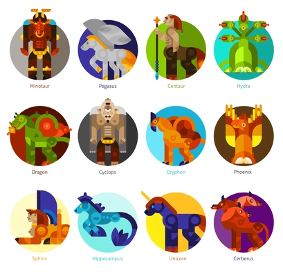 Mythical creatures flat icons set with classic mythology animals isolated vector illustration