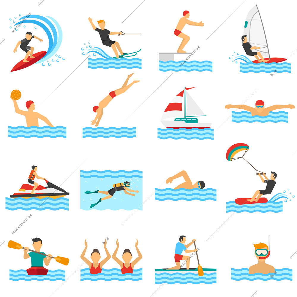 Flat decorative icons set of rowing swimming windsurfing waterpolo with people in water sport isolated vector illustration