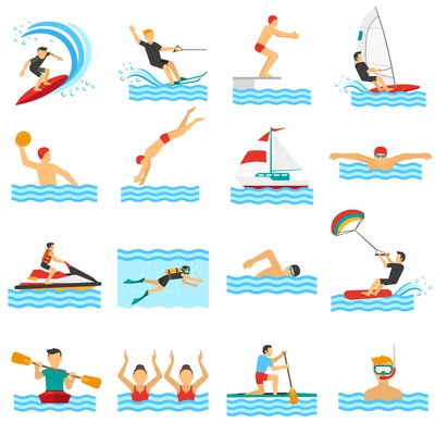 Flat decorative icons set of rowing swimming windsurfing waterpolo with people in water sport isolated vector illustration