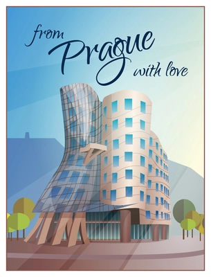 Prague city views travel poster with modern curvy dancing office building with top floor restaurant vector illustration