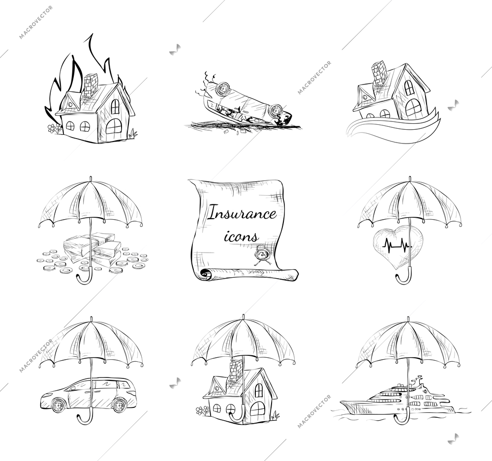 Insurance security icons set of property car house and health protection isolated hand drawn sketch vector illustration