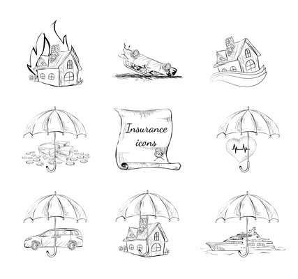 Insurance security icons set of property car house and health protection isolated hand drawn sketch vector illustration