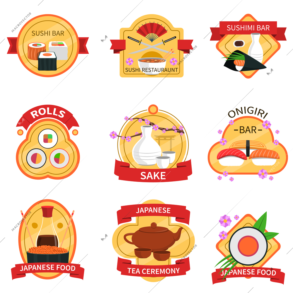 Sushi and traditional japanese food label set isolated vector illustration