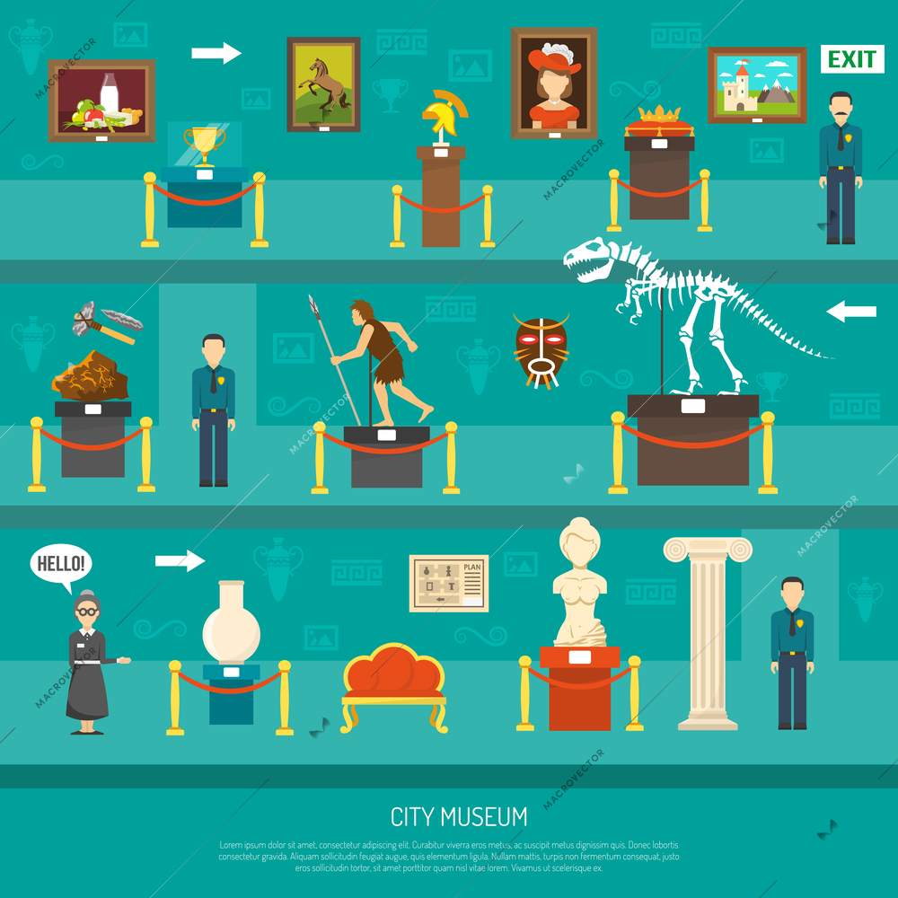 City museum exhibition with exposure of arts and paleontology exhibits and guards flat vector illustration