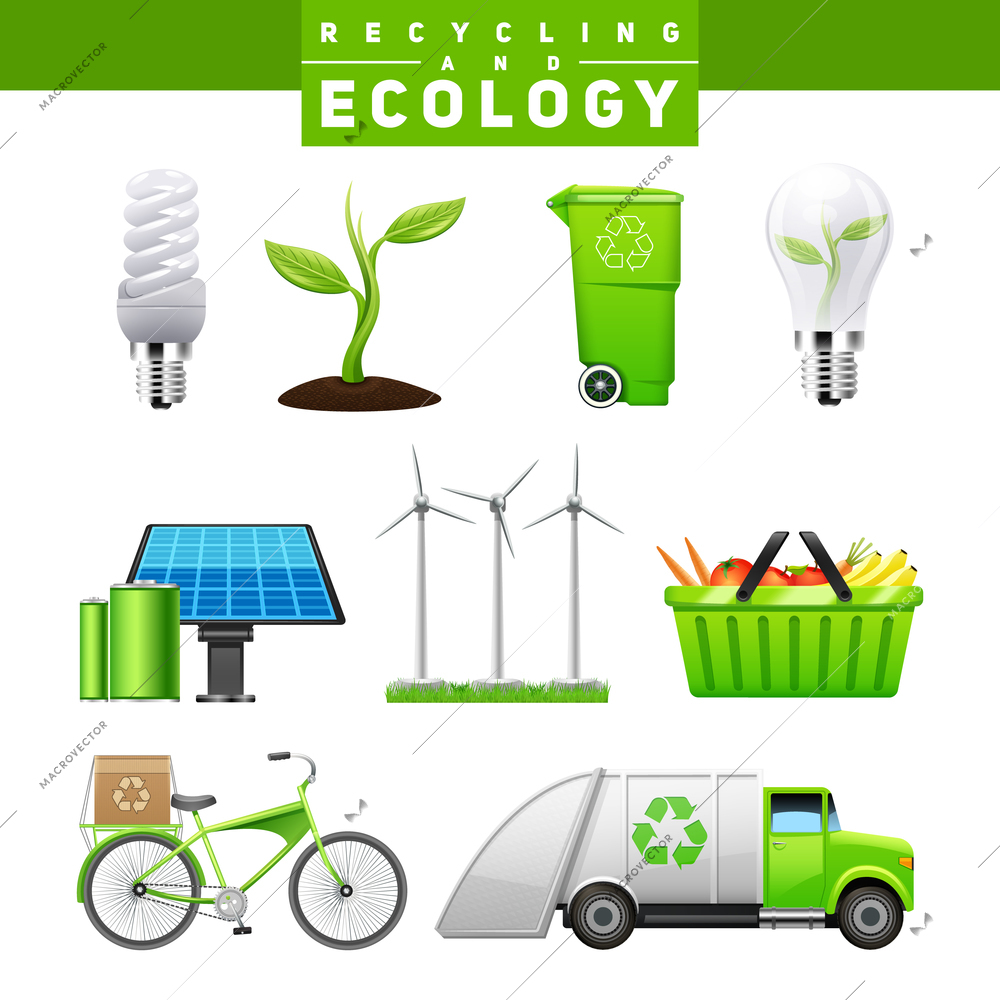 Recycling and ecology icons images of eco friendly elements of human life flat realistic isolated vector illustration