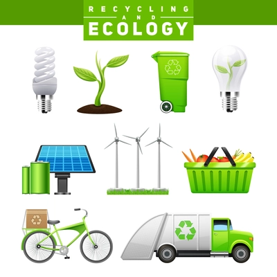 Recycling and ecology icons images of eco friendly elements of human life flat realistic isolated vector illustration