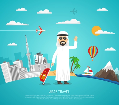 Cartoon travel poster with arab tourist in sunglasses on cityscape and landscape background vector illustration