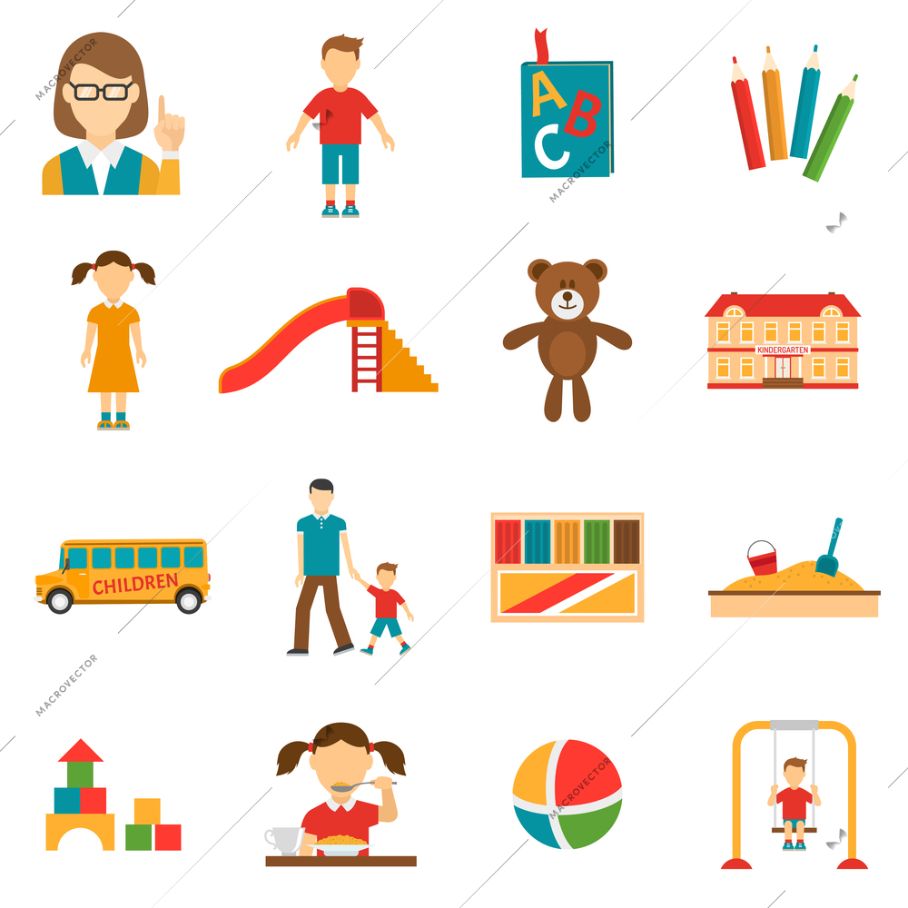 Icons set of different kindergarten objects and characters like toy or teacher flat isolated vector illustration